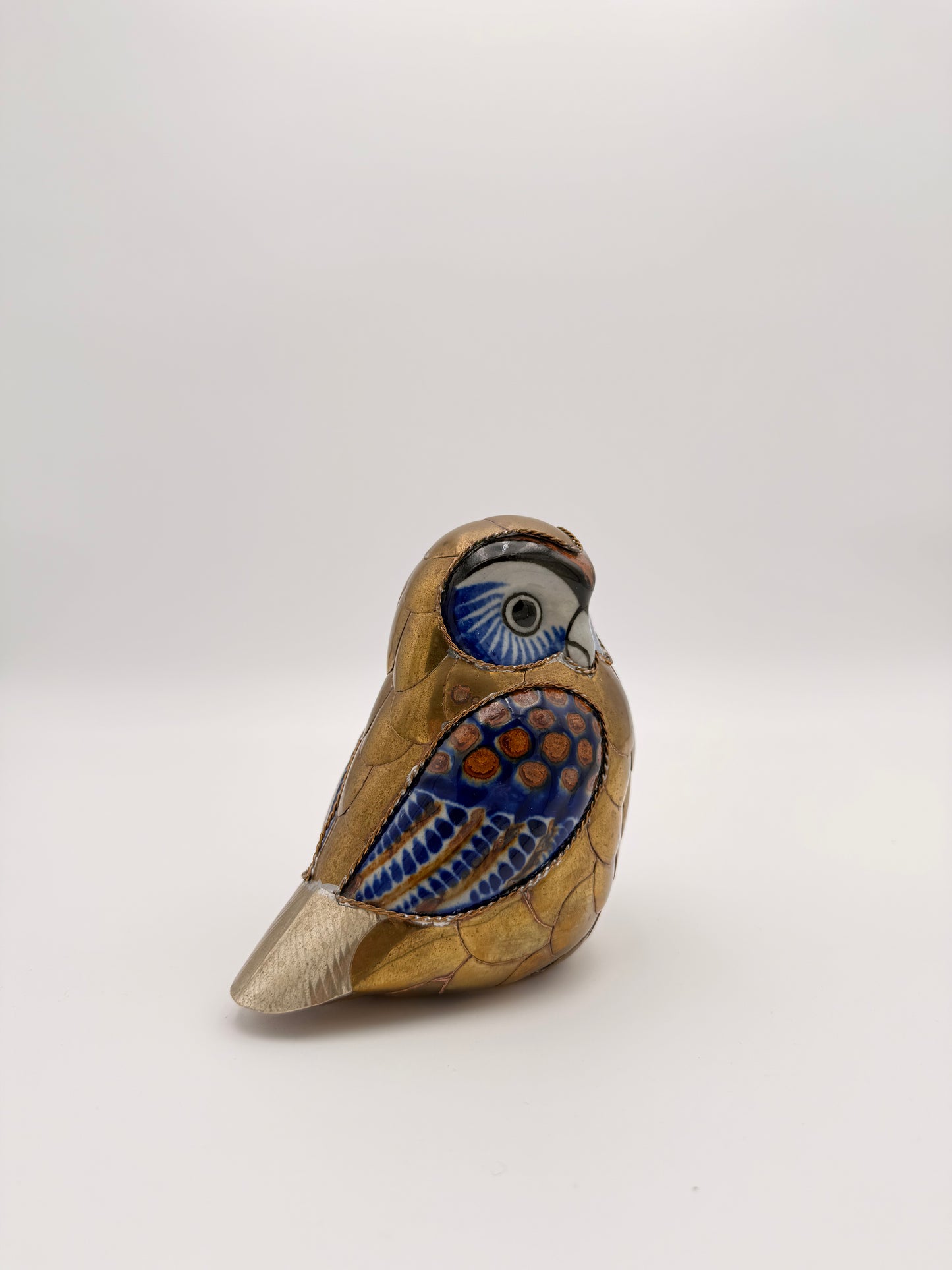 Vintage Sergio Bustamante Style Brass Ceramic Owl